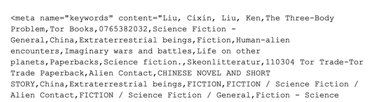 HTML meta keywords tag with content about Three-Body Problem and science fiction topics