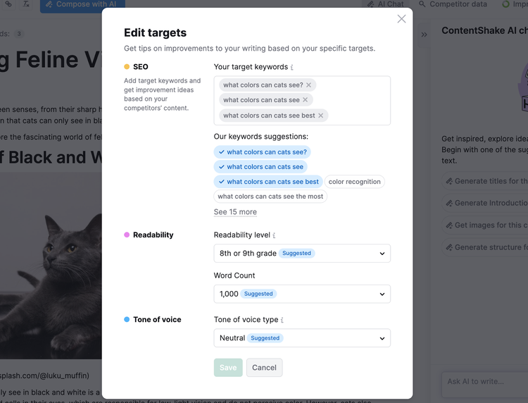Gerador de Conteúdo de IA - configurações do ContentShake AI da Semrush