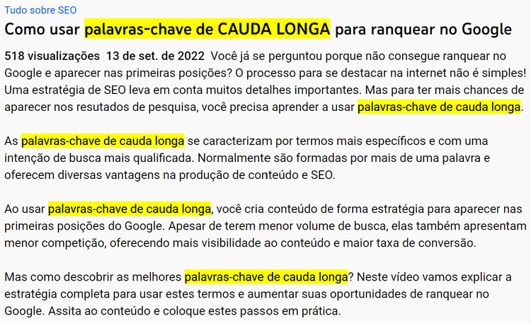 Exemplo do uso de palavras-chave na descrição de vídeo