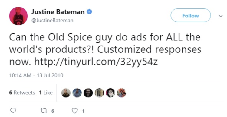 Tweet from Justine Bateman about Old Spice personalized advertising campaign