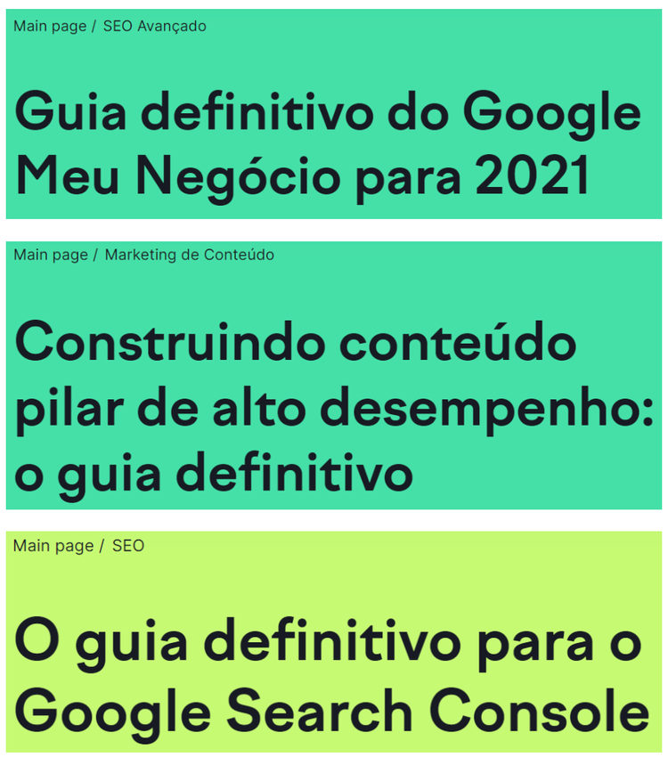 Página com abas de guias sobre SEO Avançado, Marketing de Conteúdo e SEO