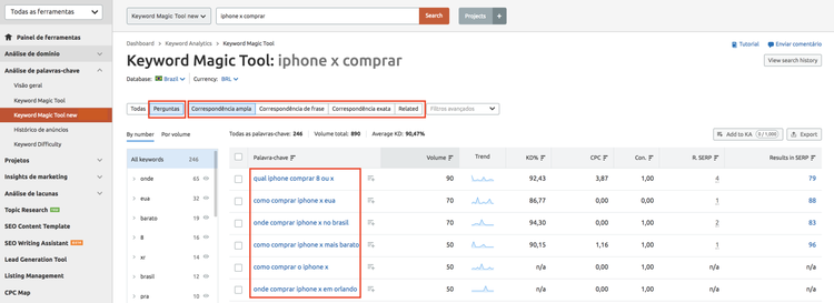 SEMrush: variações de palavras-chave para 'iphone x comprar' com volumes e dificuldade