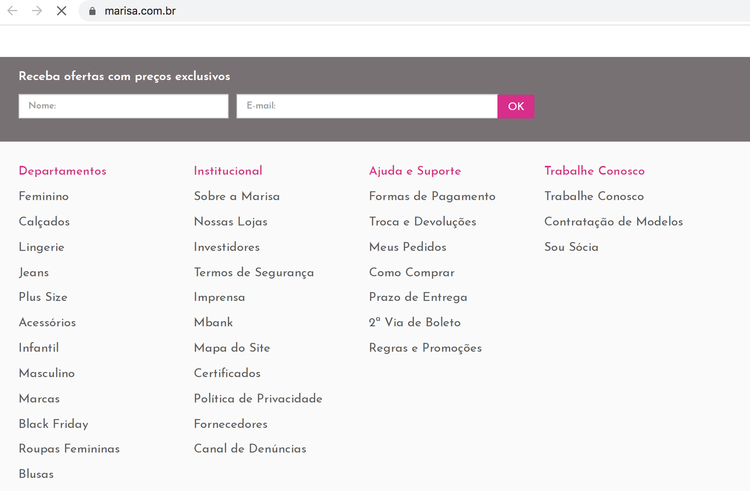 Marisa.com.br website footer showing departments, institutional info and customer support sections