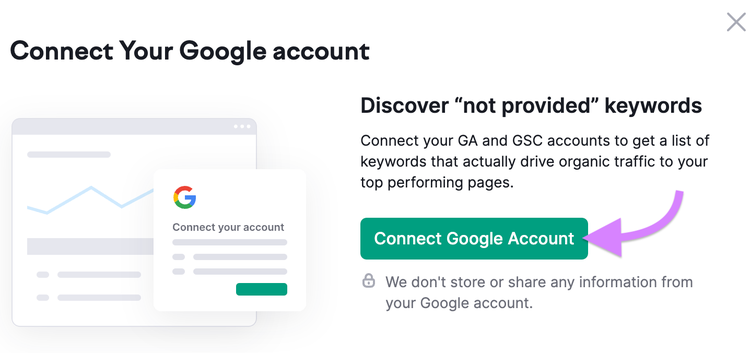 Etapa "Conectar sua conta do Google" nas configurações do Organic Traffic Insights