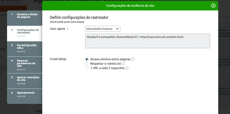 Configurações Semrush Auditoria com user-agent e crawl