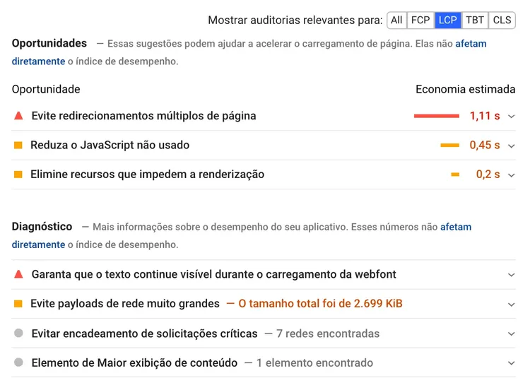 PageSpeed LCP exemplo