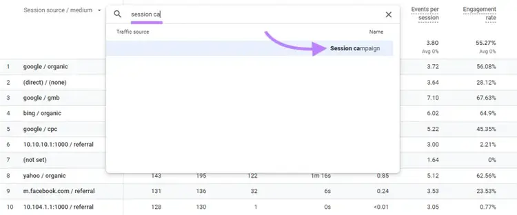 Dimensão "Session campaign" selecionada na caixa de pesquisa