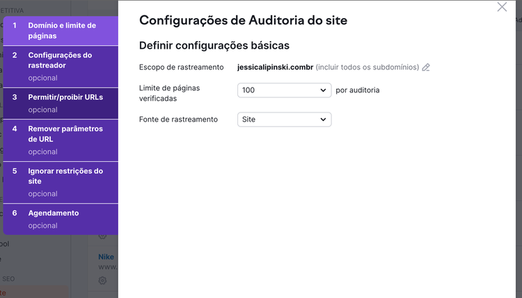 auditoria SEO: configurações de auditoria do site