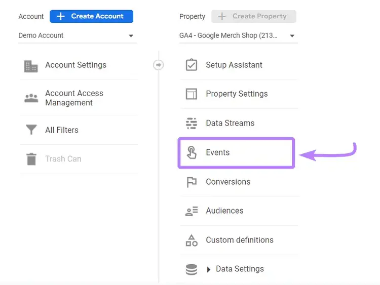 "Eventos" selecionados nas configurações de propriedade do GA4