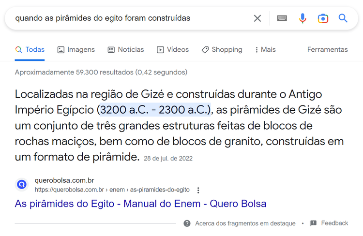 Resultados pesquisa Google português sobre pirâmides Egito com featured snippet