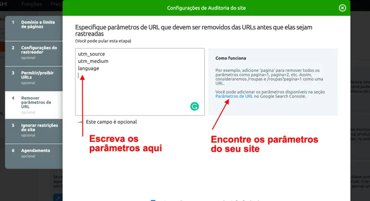 Semrush: parâmetros URL a remover no rastreamento