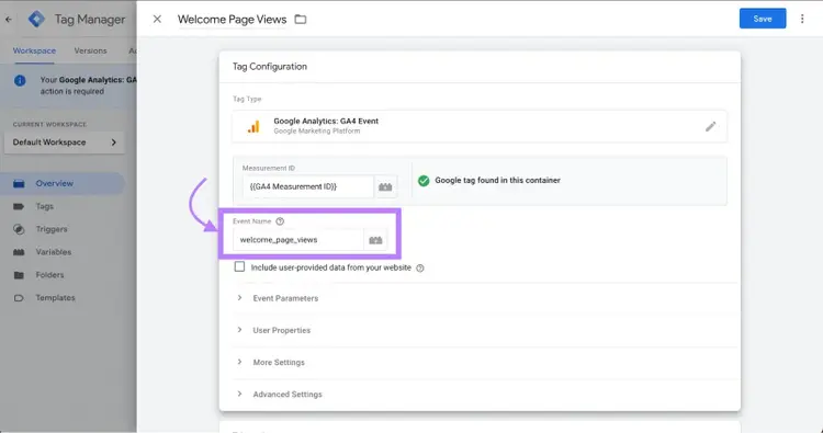 "welcome_page_views" inserido em "Event Name" (Nome do evento)