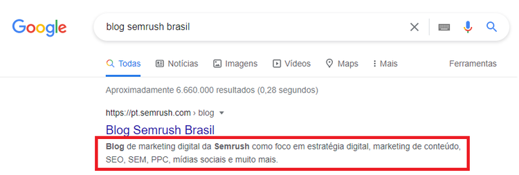 Print da SERP do google para "blog semrush brasil" com destaque na meta description