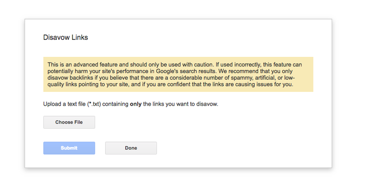 Modal Google Disavow Links com aviso em amarelo e opção upload de arquivo .txt