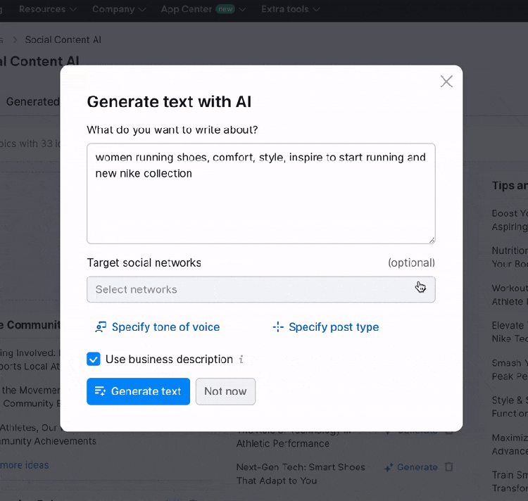 Modal 'Gerar texto com IA' para conteúdo social com campo de entrada