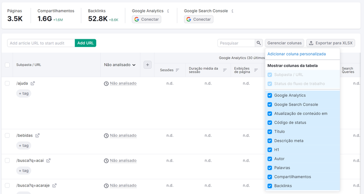 gerenciando colunas na ferramenta content audit