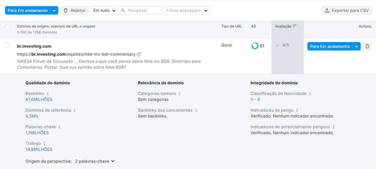 coluna avaliação na ferramenta link building tool