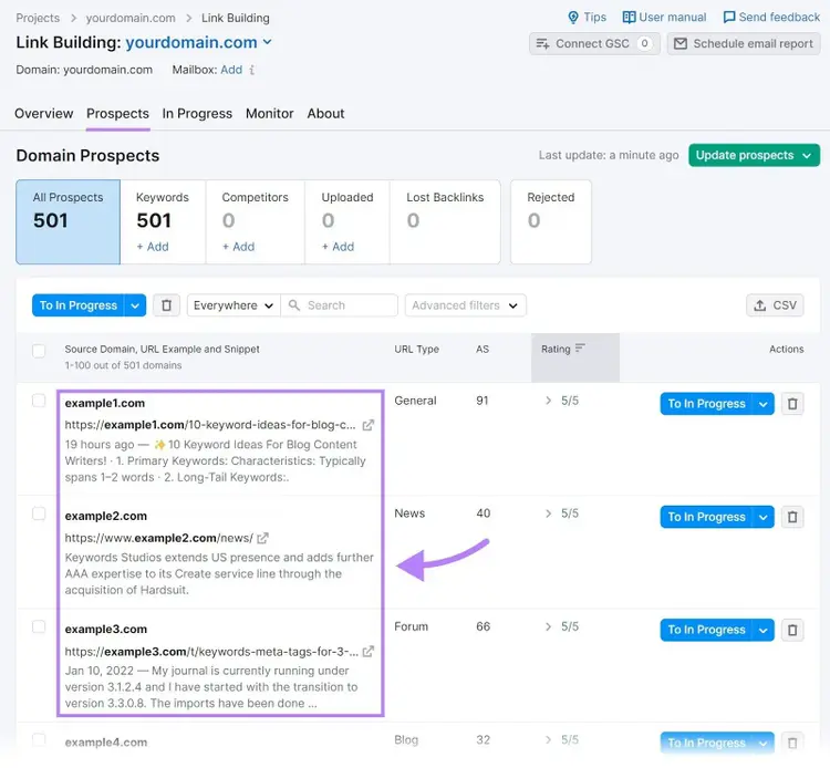 Aba "Perspectivas de Domínio" na Ferramenta de Link Building