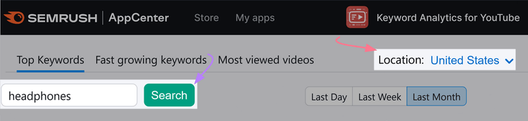Pesquisa de "fones de ouvido" com a localização definida como Estados Unidos no Keyword Analytics para o YouTube.