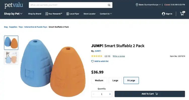 página de produto de comércio eletrônico para um "brinquedo para cães" sem a palavra no título, mas vinculada a partir de uma página de "brinquedos para cães"