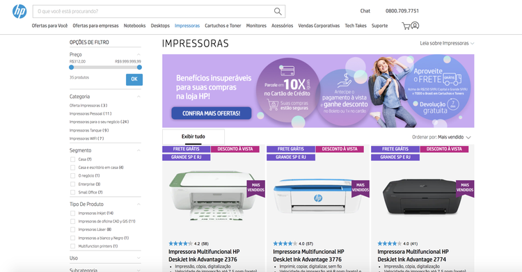 Páginas pilar hub HP impressoras categoria importante