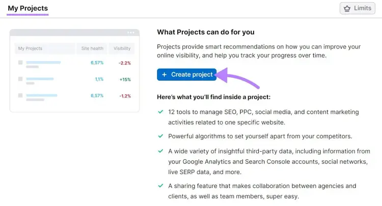 Botão "+ Criar projeto" destacado na seção "Meus projetos"