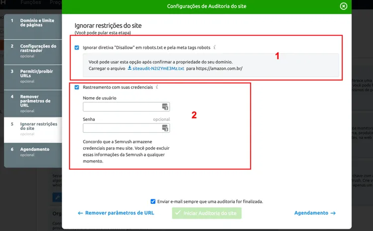 Semrush Auditoria: contornar restrições do site