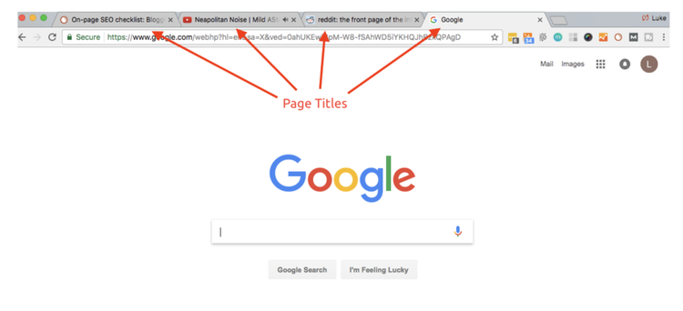 Google browser search with annotations highlighting page titles in address bar