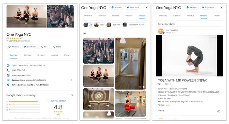 Página de perfil da empresa "One Yoga NYC" no Google Meu Negócio
