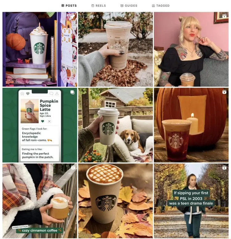 A conta da Starbucks mostra postagens com o clima de outono e inverno