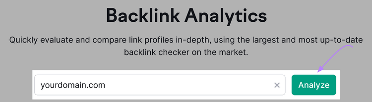 Captura de tela da ferramenta Backlinks com "yourdomain.com" na barra de pesquisa