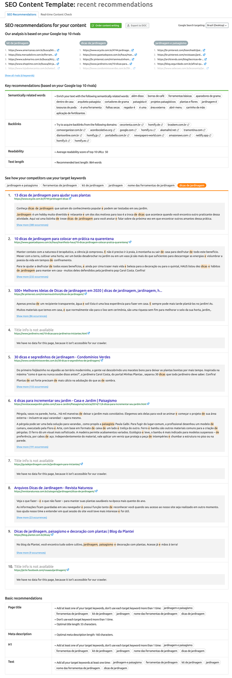 SEMrush SEO content template screenshot