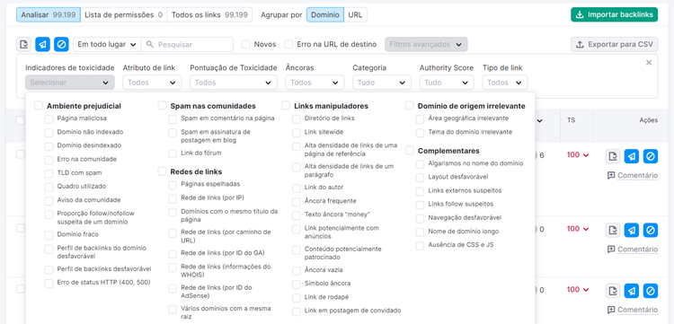 ferramenta backlink audit - indicadores de toxicidade