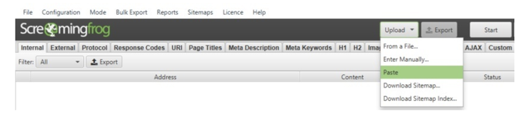 Screaming Frog SEO Spider menu com abas para URLs, códigos resposta, meta