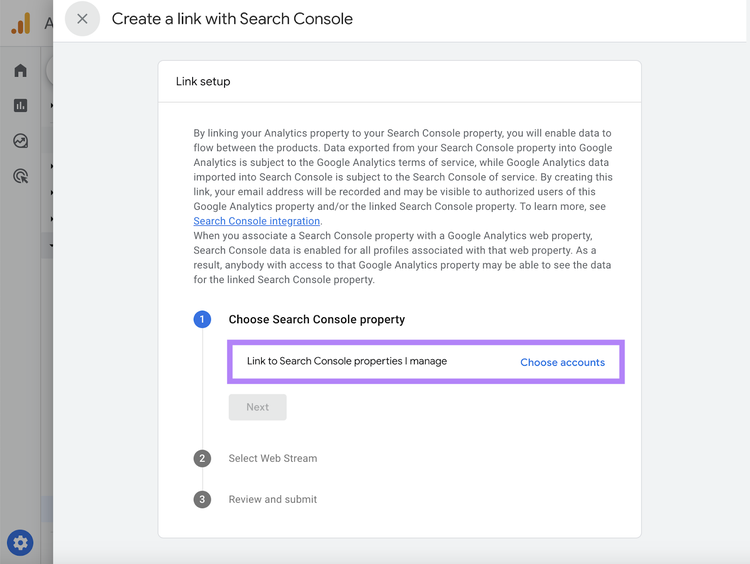 Opção "Vincular a propriedades do Search Console que eu gerencio" selecionada na página "Configuração de Vinculação"