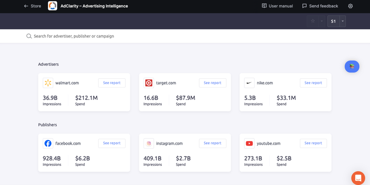 Interface AdActivity exibindo métricas de publicidade de anunciantes e editores