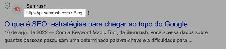 Domínio e localização atual em um snippet de pesquisa