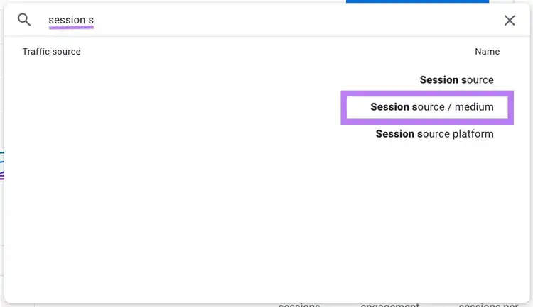 Opção "session source / medium" selecionada na pesquisa