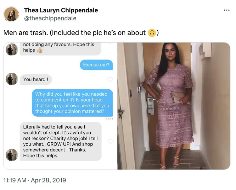 Publicação de Thea Lauryn Chippendale no X com captura de tela da conversa no Tinder e imagem dela com um vestido da ASOS