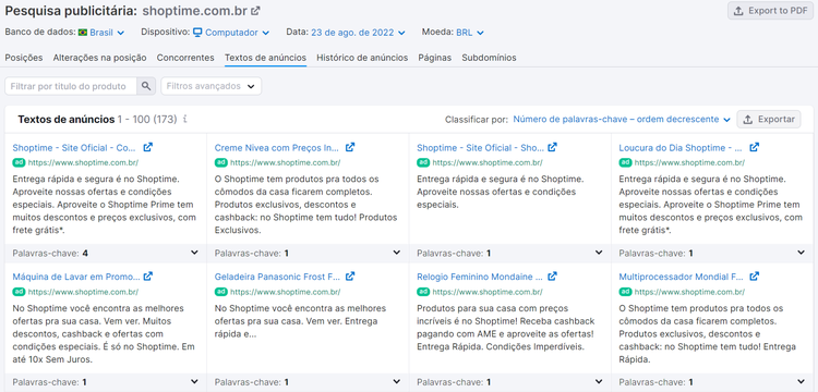 análise de concorrentes - ferramenta pequisa publicitária da semrush - aba textos de anúnios