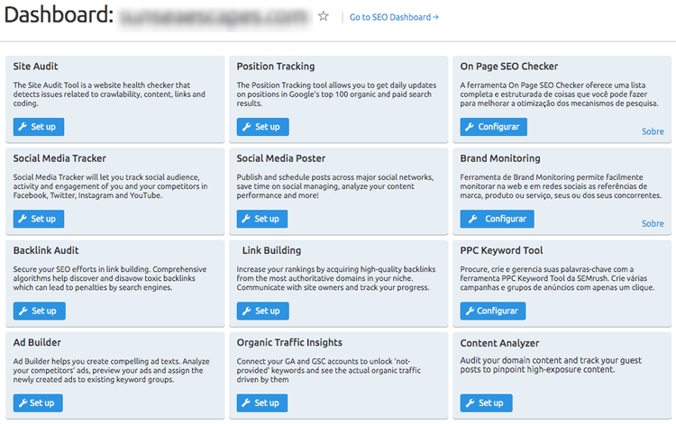 Grid de cards de projetos Semrush com botões 'Configurar' e 'Configurar' para várias ferramentas