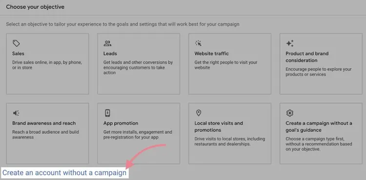 Crie uma conta sem campanha