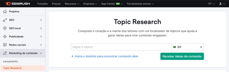 tela inicial da ferramenta topic research