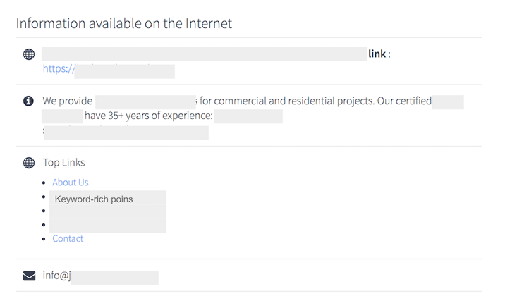 Página de diretório com informações comerciais, links principais e contato por email