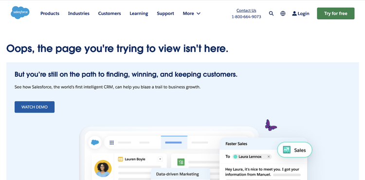 Link quebrado abre página do Salesforce que diz "Oops, a página que você está tentando ver não está aqui." E inclui imagens do produto.