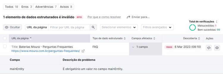 erro de dados estruturados na ferramenta auditoria do site