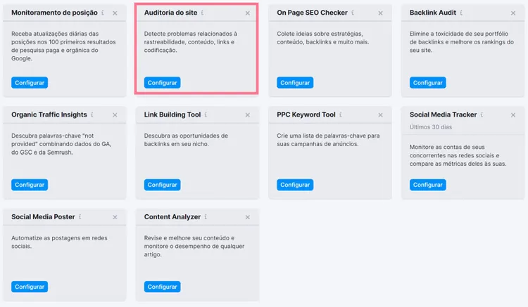 configurando projeto na ferramenta auditoria de site