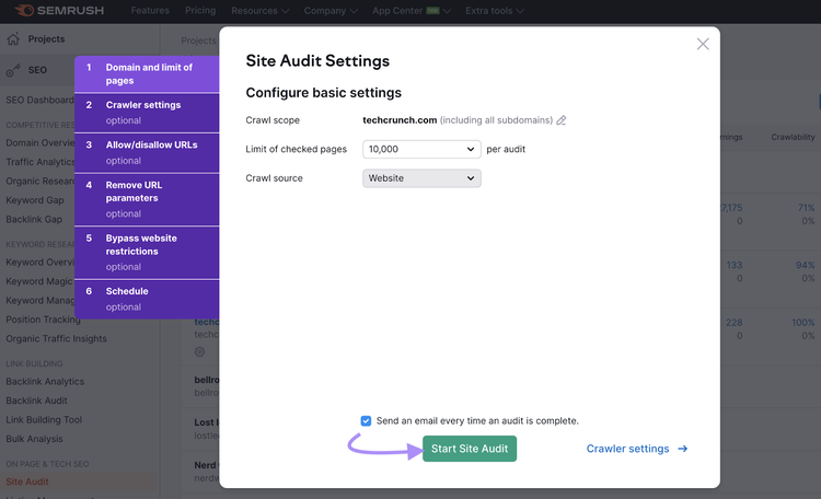 Página "Configurações de auditoria do site"