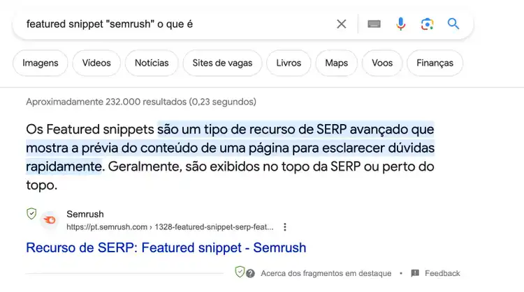 Trecho em destaque sobre featured snippet