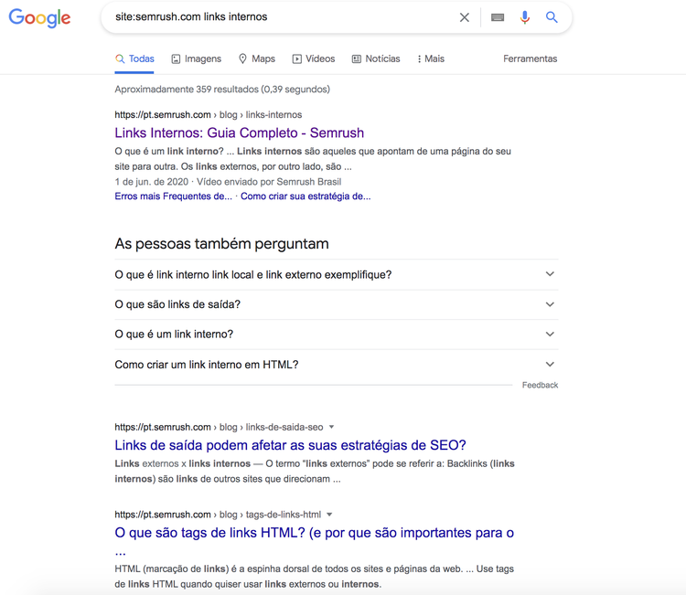 Google search results for internal links guide with FAQ section about link building